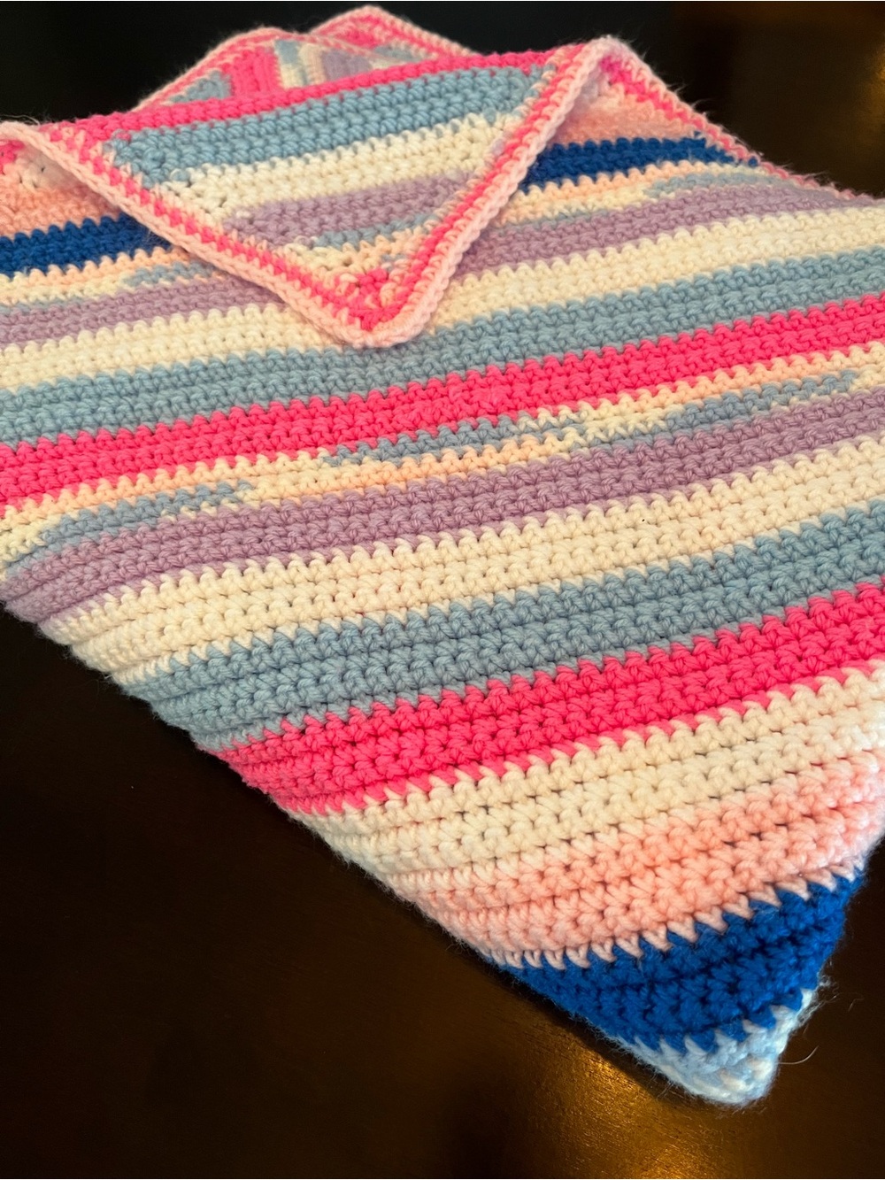 Handmade Striped Crochet Baby Blanket in Pink, Blue, Cream & Purple - Picture 2 of 8